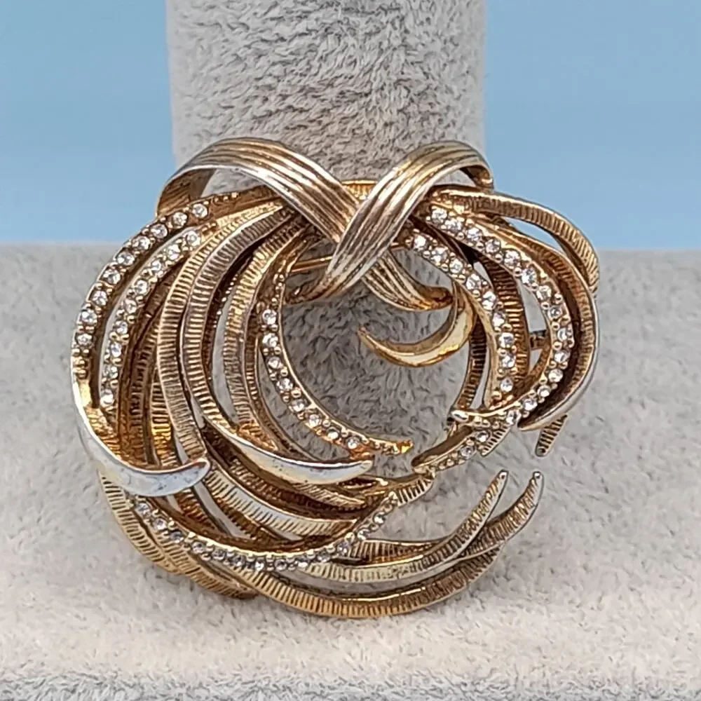 Vintage Monet Swirl Modern Design Brooch, Rhinestone Accents, 1 3/4 Inches